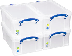 9 Litre Plastic Storage Box Clear, Multi-purpose stacking storage, with a lid and clip lock handles, Ideal for home, office, school and arts and crafts storage (Pack of 4)