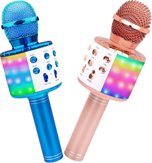 Wireless Microphone for Kids Adults, Karaoke Bluetooth Microphones Portable LED Lights Mic Speaker for Home KTV Party Singing Recording, Rose Gold & Blue