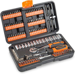 Socket Set – 130-Piece Ratchet Set, 1/4" Drive Socket Set with Extension Bar, Coupler, Socket Wrench - Wrench Set and Screwdriver Bit with Carry Case - Car Tool