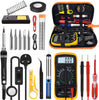 Soldering Iron Kit, Soldering Kit with LCD Digital Multimeter, 60W Soldering Iron with 5 Extra Tips, Stand, Desoldering Pump, Solder, Wire Stripper Cutter, Tweezers, Tape, Tool Bag