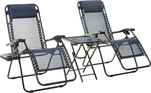 "Ultimate Relaxation Set:  Zero Gravity Chairs with Side Table - Reclining, Foldable, Cup Holders, Set of 2 in Blue"