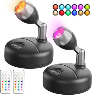 Wireless LED Spotlight with Remote Control, Battery Spotlights Indoor, RGB Art Lights Color Changing Picture Light Dimmer Puck Lights Wall Light Hallway Cupboards (2 Pack, Black)