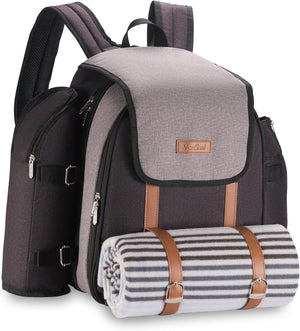 Picnic Backpack, 4 Person Grey Picnic Bag with Full Dining & Cutlery Set, Insulated Cooler Compartment & Large Waterproof Picnic Blanket, Lightweight Water Resistant Camping Accessories