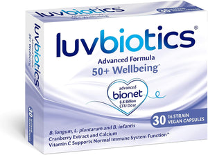 Luvbiotics 50 + / Advanced Formula Powered by Probiotics & Proven Ingredients (Vitamin C, Calcium, Cranberry Extract) for Stronger Bones, Immunity & Healthier Urinary System - 30 Vegan Capsules