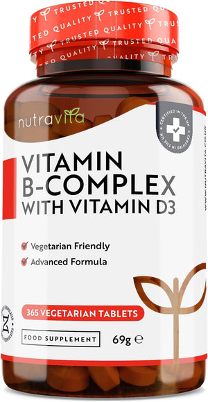 Vitamin B Complex High Potency - 1 Full Year Supply - 8 Vitamins B1-B2-B3-B5-B6-B12, Biotin, Folic Acid & VIT D3 in 1 High Strength Micro Tablet - Reduction of Tiredness - Made in The UK by