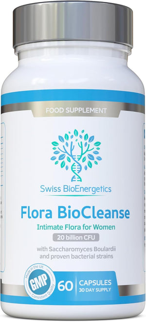 Flora BioCleanse 20 Billion CFU Daily dose - 60 Capsules - High Strength Probiotics - Saccharomyces Boulardii, Lactobacillus rhamnosus and Lactobacillus reuteri - UK Made