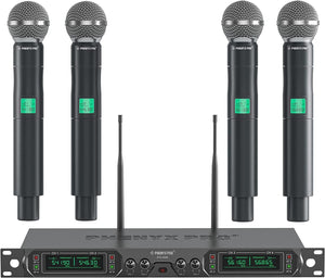 Wireless Microphone System, 4-Channel UHF Wireless Mic, Fixed Frequency Metal Cordless Mic with 4 Handheld Dynamic Microphones, 260ft Range, Microphone for Singing,Church(PTU-5000-4H)