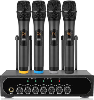 4 Channel UHF Wireless Microphone System Bluetooth 4.2 Receiver Four Handheld Wireless Microphones with Echo Volume Control for Karaoke Party Church Wedding DJ Stage