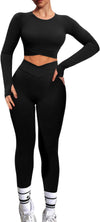 Women Gym Set 2 Piece Outfits Workout Set Crossover Long Sleeve Gym Tops Ruched Leggings Yoga Tracksuit Set