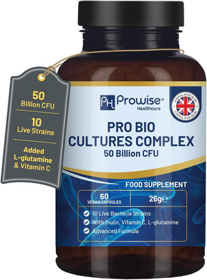 Bio Cultures Complex Probiotics and Prebiotics - 50 Billion CFU - 10 Live Bacteria Strains – Added with Inulin, L-Glutamine & Vitamin C - 60 Capsules | Advanced Probiotic for Women & Men by Prowise