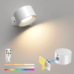 Battery Operated Wall Light with 16 RGB Lights, Rechargeable Wall Lamp with Remote Control, 360° Rotatable Wall Sconce Wireless Reading Light, Magnetic Bedside Wall Lamp, White