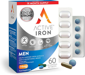 Active Iron Men | 30 Iron Capsules & 30 Multivitamin Tablets | Iron Supplement with Zinc, Vitamin C, D and High Dose B Vitamins | 1-Month Supply