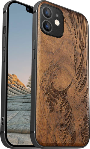 Magnetic Wood Case for iPhone 12 Case [Hard Real Wood & Soft TPU] Shockproof Protective Cover Unique & Classy Wooden Case Compatible with MagSafe (Wave Off Kanagawa-Walnut)