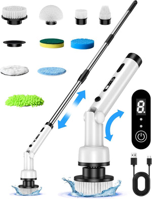 Electric Scrubbing Brush, Cordless Spin Cleaning Brush, 9 Replacment Brush Heads, Pwerful Motor 3 Speeds, 100min Long Working Time for Kitchen, Bathroom, Car