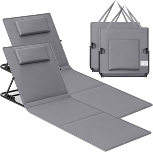 Set of 2 Folding Beach Sunloungers, Deck Beach Chairs Mats, Reclining Backrest, Lightweight Portable with Handle, for Camping Garden Pool, 158 x 55 cm, Slate Grey GCB251G01