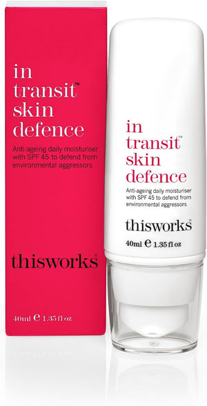 In Transit Skin Defence, 40 ml - SPF Face Moisturiser with Hyaluronic Acid, Vitamin E and Antioxidants - Anti-Aging Daily Face Sunscreen with SPF 45 for Broad-Spectrum UVA/UVB Protection