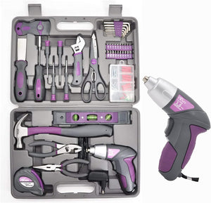 LADYCRAFT 44PCS 4V Cordless Screwdriver Tool Kit Set Pink Color Tools Lady Tools kit Home Repair Set Toolbox Hand Tool kit Storage Case Gift Set