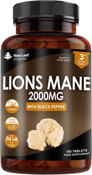 Lions Mane Mushroom Extract Supplement 2000mg - 180 High Strength Vegan Tablets with Black Pepper - (Not Powder or Capsules) Made in The UK by