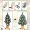 2Pcs Pre-Lit Artificial Mini Tabletop Christmas Tree, 2ft/66cm Frosted Battery Operated Small Xmas Trees with 35 LED Lights, 42 Red Berries & 6 Pinecones for Festival Decoration