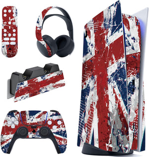 Impression UK Flag Full Set Skin Decal for ps5 Console Disc Edition, Sticker Vinyl Decal Cover for ps5 Controller & Charging Station & Headset & Media Remote