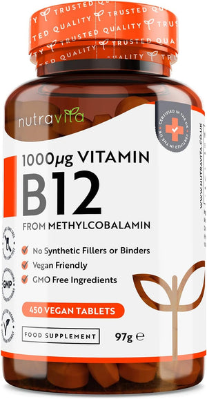 Vitamin B12 1000mcg - 450 High Strength Vegan Tablets - Max Strength B12 Supplement - Contributes to The Reduction of Tiredness and Fatigue - Made in The UK by