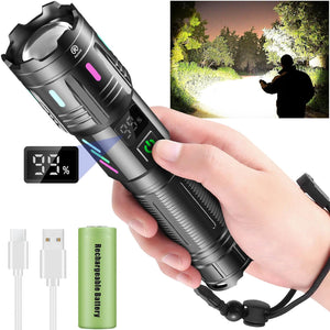 Torches LED Super Bright 500000 Lumen, Rechargeable Torch with LCD Power Display and Zoomable, High Power LED Torch 5 Light Modes, Powerful Tactical Torch for Camping, Dog Walking