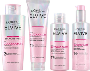 Elvive Glycolic Gloss for Dull Porous Hair, Get The Shiniest Hair of Your Life, Glossing Routine for Mirror-Like Shine, Shampoo, Conditioner, Lamination Treatment, Leave-In Serum Set