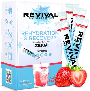 Revival Zero Rehydration Electrolytes Powder - Sugar Free Hydration Sachet Drink with Vitamins C, B1, B3, B5, B12-14 Pack Strawberry