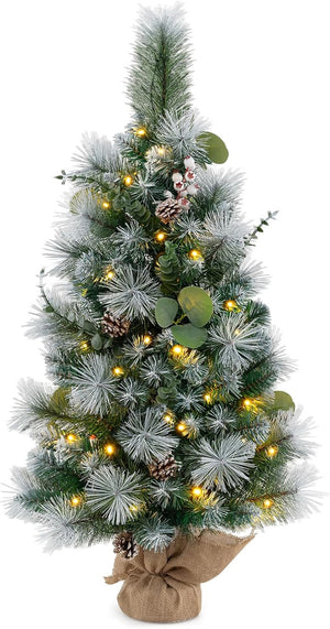 60CM/90CM Pre Lit Christmas Tree, 2FT/3FT Table Top Artificial Xmas Tree with Base, LED Lights, Small Indoor Christmas Decoration and Gift (3FT, Green With 30 Lights)