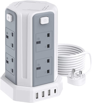 Tower Extension Lead with USB Slots 3M, (13A 3250W) 4 USB Ports and 8 Way, Surge Protection with 4 Independent Control Switch, Extension Cable for Office, Home, Kitchen