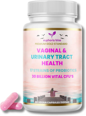 Vaginal Probiotics for Women pH Balance - Prebiotics & Probiotic Blend, Natural Vaginal Health & Urinary Tract Supplement with Cranberry, Garlic & More, Vegan, Non-GMO, Gluten-Free, 60 Caps