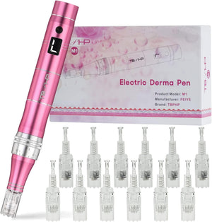 Dermapen M1 Upgraded Electric Wireless Beauty Pen LCD Screen with 12 Replacement Cartridges (Pink)