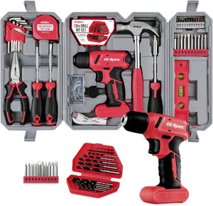 57pc Red 8V Electric Drill Set & Household Tool Kit - Hand DIY Tools, Cordless Power Screwdriver, Essential Power Tools & Drill Bit Sets for Home Repair Projects