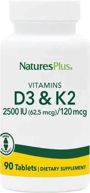 NaturesPlus Vitamin D3 2500IU with Vitamin K2 120mg - High Strength Vitamin D and K2 Supplement, Bone and Immune Support - One a Day, Gluten Free, Vegetarian - 90 Tablets