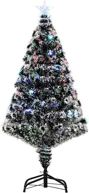 4ft Artificial Prelit Christmas Tree, Snow Xmas Tree with Colourful LED Lighting Fiber Optics, Green White