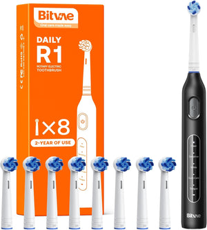 R1 Rotating Electric Toothbrush with 8 Brush Heads for Adults and Kids, 60-Day Battery Life, 5 Modes Rechargeable Power Toothbrush with 2-Minute Smart Timer, Black