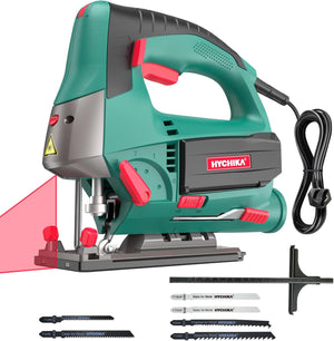 HYCHIKA Jig Saws, 800W Max Cutting Depth 110mm for Metal, 800-3000 SPM Electric Jigsaw with Class 2 Laser, 6 Variable Speeds, 0-3 Orbital Sets, -45° to +45° Bevel Cutting, 6 Blades