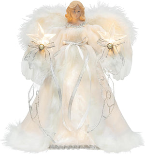 Lighted Christmas Angel Tree Topper with Timer 30cm White Angel Treetop Figurine for Christmas Tree Decoration