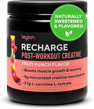 Recharge Post Workout Supplement - All Natural Muscle Builder & Recovery Drink with Creatine Monohydrate. Naturally Sweetened & Flavored, Safe & Healthy. Fruit Punch, 60 Servings.