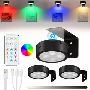 3Pc Picture Lights for Wall Battery Operated RGB Rechargeable Picture Light Dimmable Timer Painting Frame Light Wireless Art Lights for Wall Led Puck Lights with Remote Control, Black RGB