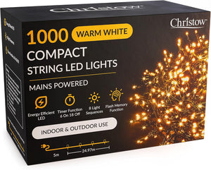 Christmas Tree Lights, Compact Warm White LED Fairy String Lights with Timer, 8 Light Modes, Indoor & Outdoor, Mains Operated, Green Cable (1000 LED / 24.97m Lit Length for 7ft Xmas Tree)