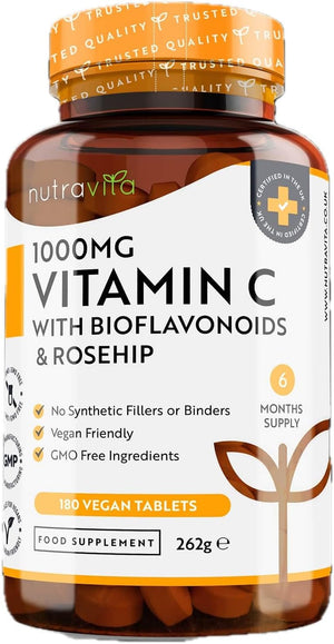 Vitamin C 1000mg – 180 Premium Vegan & Vegetarian Tablets – 6 Month Supply – High Strength Ascorbic Acid – with Added Bioflavonoids & Rosehip – Normal Immune System – Made in The UK by