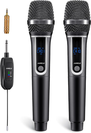 Wireless Microphones, UHF Metal Dual Handheld Microphone Cordless Dynamic Mic System with Rechargeable Receiver Singing Mic for Karaoke, Church, Speech, Wedding, Party,DJ Singing