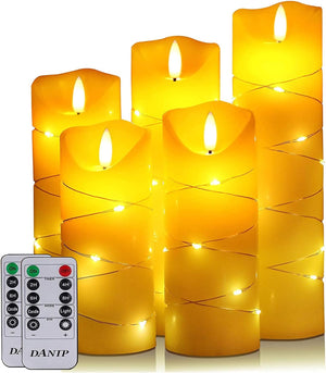 LED Candle, with Embedded Fairy String Lights,5-Piece LED Candle, with 10-Key Remote Control, 24-Hour Timer Function, Dancing Flame, Real Wax, Battery-Powered. (Ivory White)