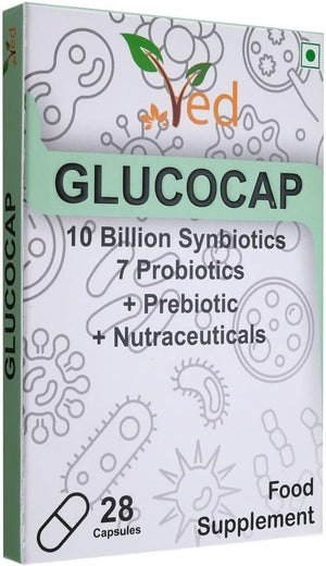 Glucocap Complex Probiotics and Prebiotics Complex - 10 Billion CFU - 20 Live Bacterial Cultures - 28 Probiotic Complex Capsules for Female & Male - Lactobacillus Plantarum 28 days Supply.