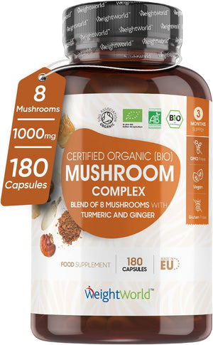 Organic Mushroom Complex 8-180 Capsules - 1000mg - Lion's Mane & 7 Mushroom Blends (Reishi, Chaga, Cordyceps, Shiitake, Oyster, Maitake & Coprinus) - Added Turmeric & Ginger - Vegan & Non-GMO