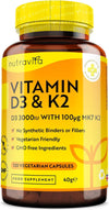 Vitamin D3 3000iu & K2 100ug (MK7) – 120 Vitamin D3 K2 Vegetarian Capsules – Supports Normal Bones, Muscles, Teeth and Immune System – Cholecalciferol & Menaquinone-7 – Made by