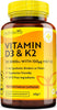 Vitamin D3 3000iu & K2 100ug (MK7) – 120 Vitamin D3 K2 Vegetarian Capsules – Supports Normal Bones, Muscles, Teeth and Immune System – Cholecalciferol & Menaquinone-7 – Made by