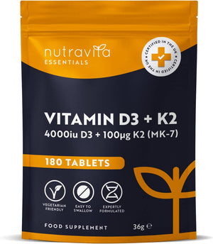 Vitamin D3 4000 iu & Vitamin K2 100μg (MK7) – 180 Vegetarian Tablets – 6 Month Supply - High Strength Vitamin D Supplement for Bones, Muscles & Immune System –