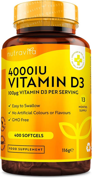 Vitamin D3 4000 iu - 400 High Strength Easy to Swallow Premium Softgels - Over A Year's Supply - Max Strength Vitamin D3 Cholecalciferol Supplement - Manufactured in The UK by